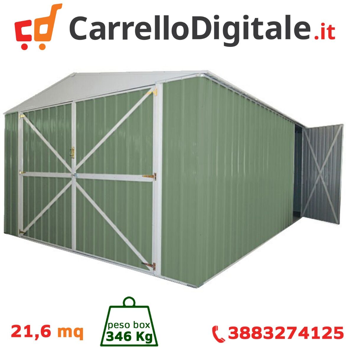 Box in Acciaio Zincato Casetta da Giardino in Lamiera Box Auto 3.60 x 6.00 m x h2.32 m 346 KG 21,6 metri quadri VERDE