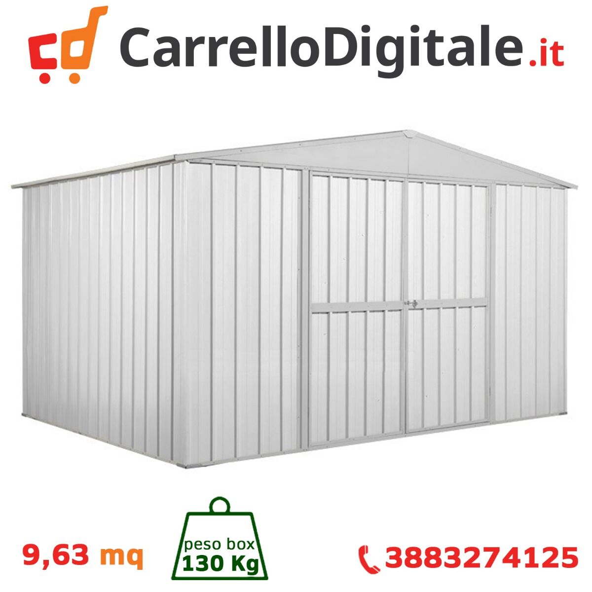 Box in Acciaio Zincato Casetta da Giardino in Lamiera 3.60 x 2.60 m x h2.12 m  - 130 KG - 9,36 metri quadri - BIANCO