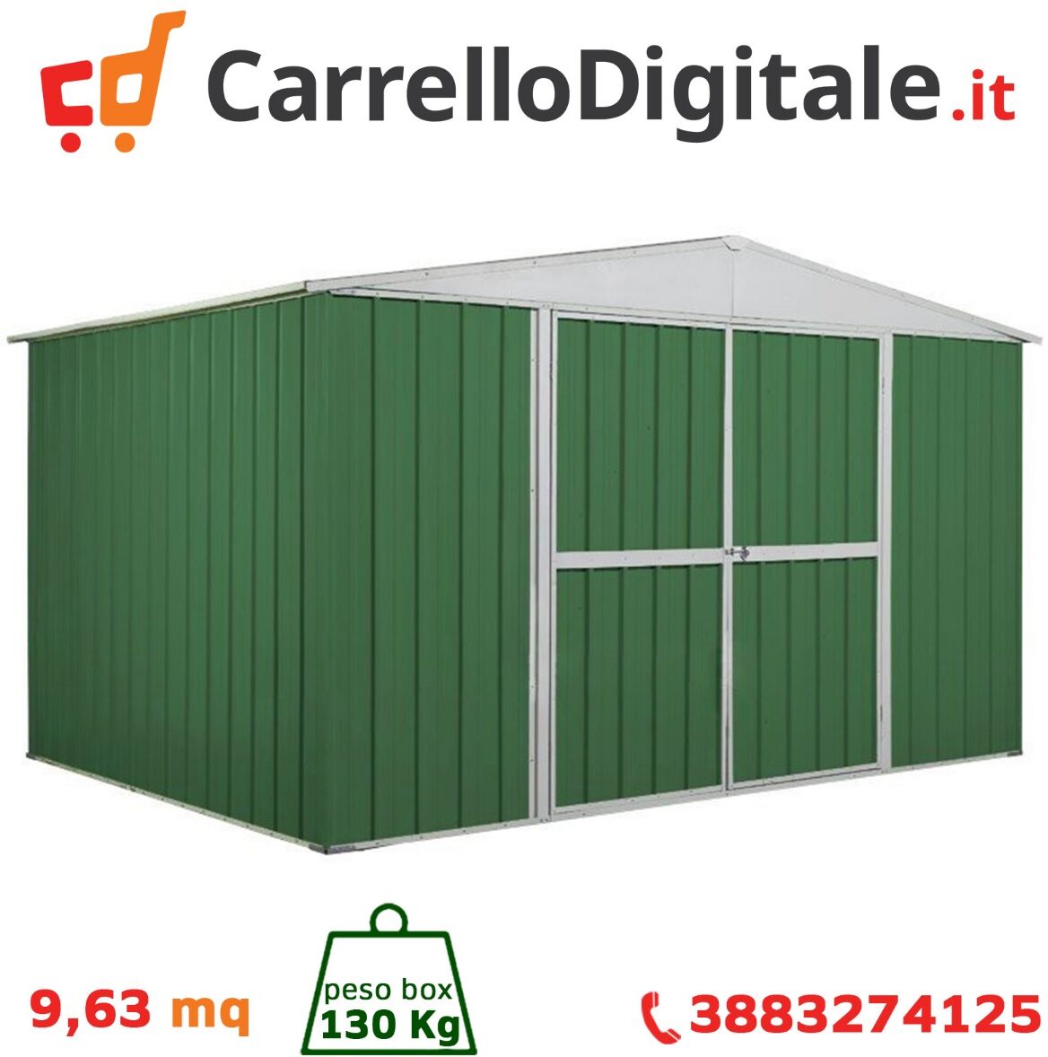 Box in Acciaio Zincato Casetta da Giardino in Lamiera 3.60 x 2.60 m x h2.12 m  - 130 KG - 9,36 metri quadri - VERDE