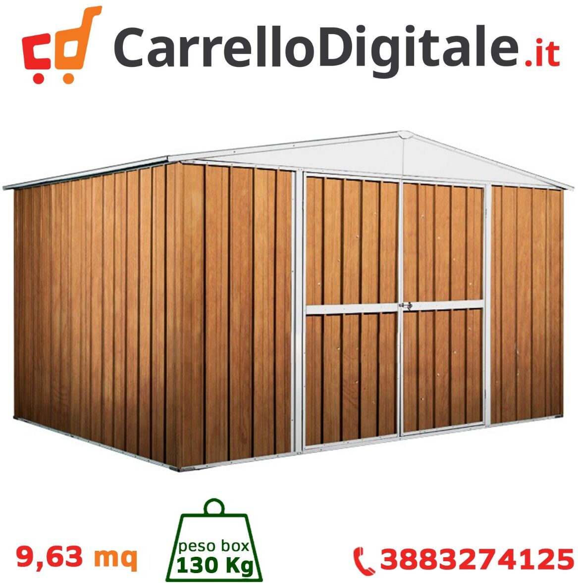 Box in Acciaio Zincato Casetta da Giardino in Lamiera 3.60 x 2.60 m x h2.12 m  - 130 KG - 9,36 metri quadri - LEGNO