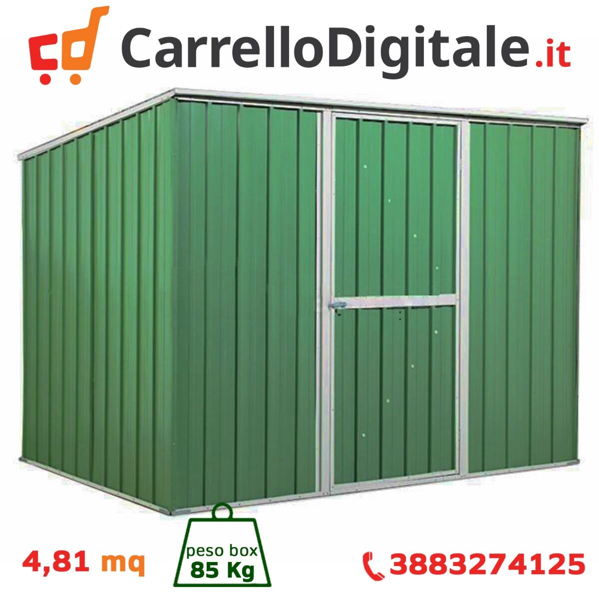 Box in Acciaio Zincato Casetta da Giardino in Lamiera 2.60 x 1.85 m x h1.92 m - 85 KG – 4,81 metri quadri - VERDE