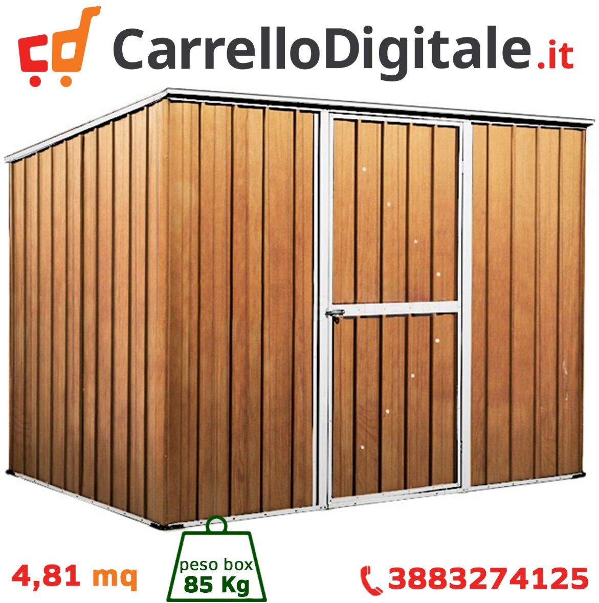 Box in Acciaio Zincato Casetta da Giardino in Lamiera 2.60 x 1.85 m x h1.92 m - 85 KG – 4,81 metri quadri - LEGNO