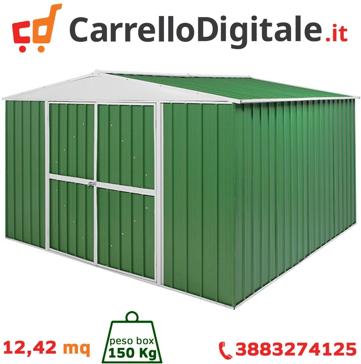 Box in Acciaio Zincato Casetta da Giardino in Lamiera 3.60 x 3.45 m x h2.12 m - 150 KG – 12,42 metri quadri - VERDE