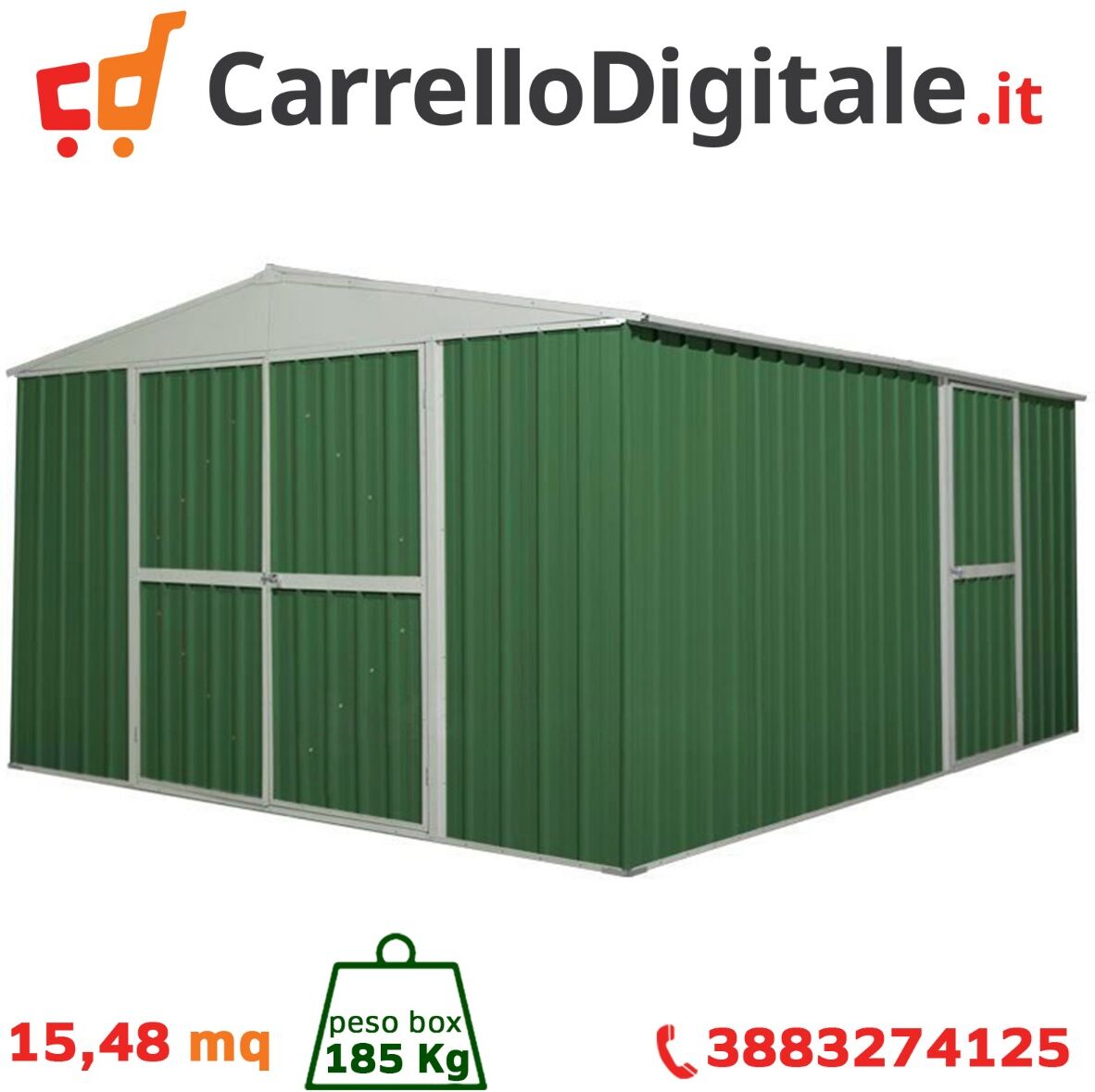 Box in Acciaio Zincato Casetta da Giardino in Lamiera 3.60 x 4.30 m x h2.10 m - 185 KG - 15,48 metri quadri - VERDE