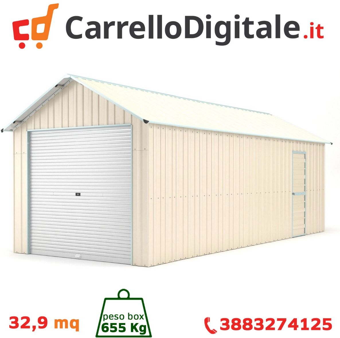 Box in Acciaio Zincato Casetta da Giardino in Lamiera Box Auto 3.60 x 9.14 m x h 3.15 m - 655 KG - 32.9 metri quadri - BEIGE