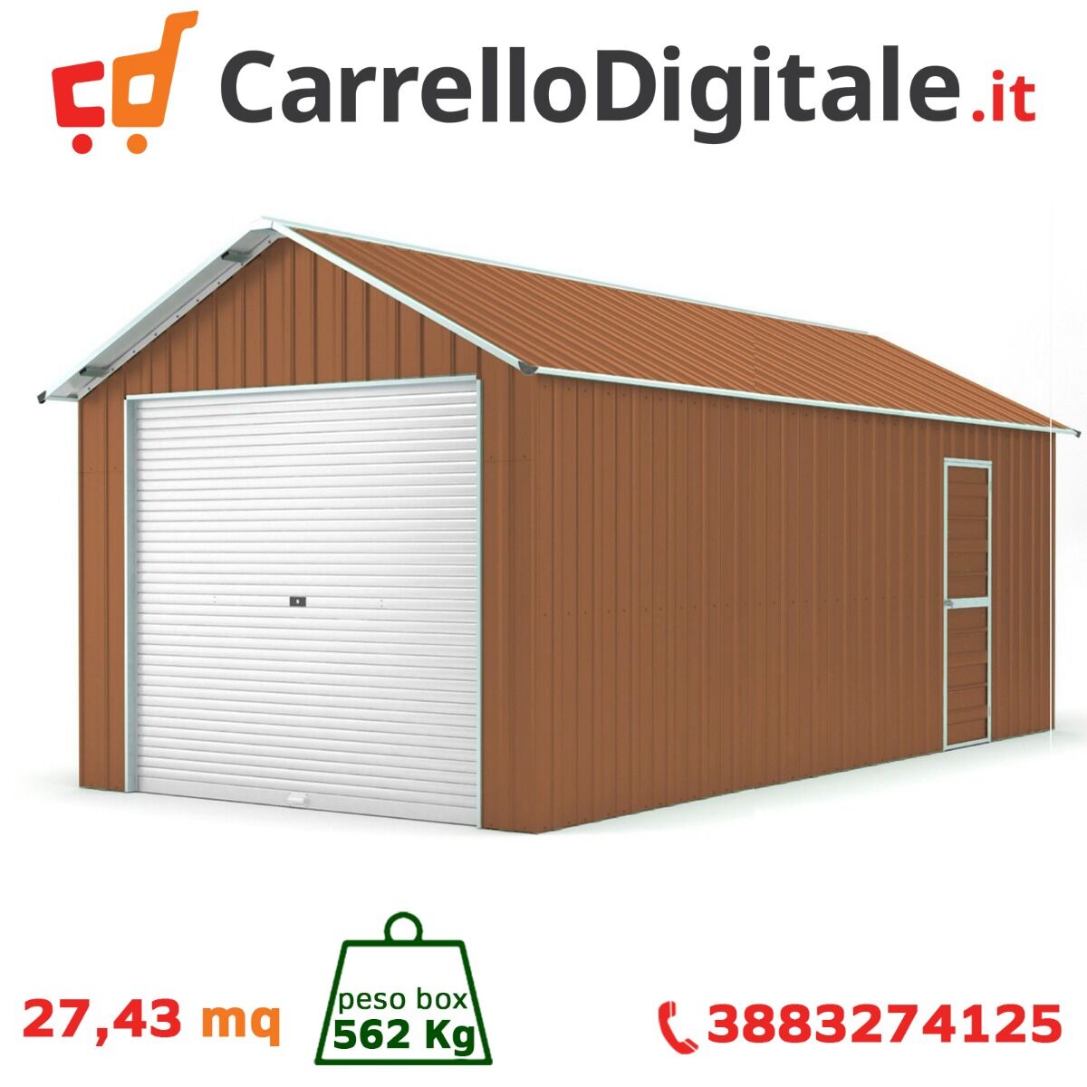 Box in Acciaio Zincato Casetta da Giardino in Lamiera Box Auto 3.60 x 7.62 m x h 3.15 m - 562 KG - 27.43 metri quadri - LEGNO