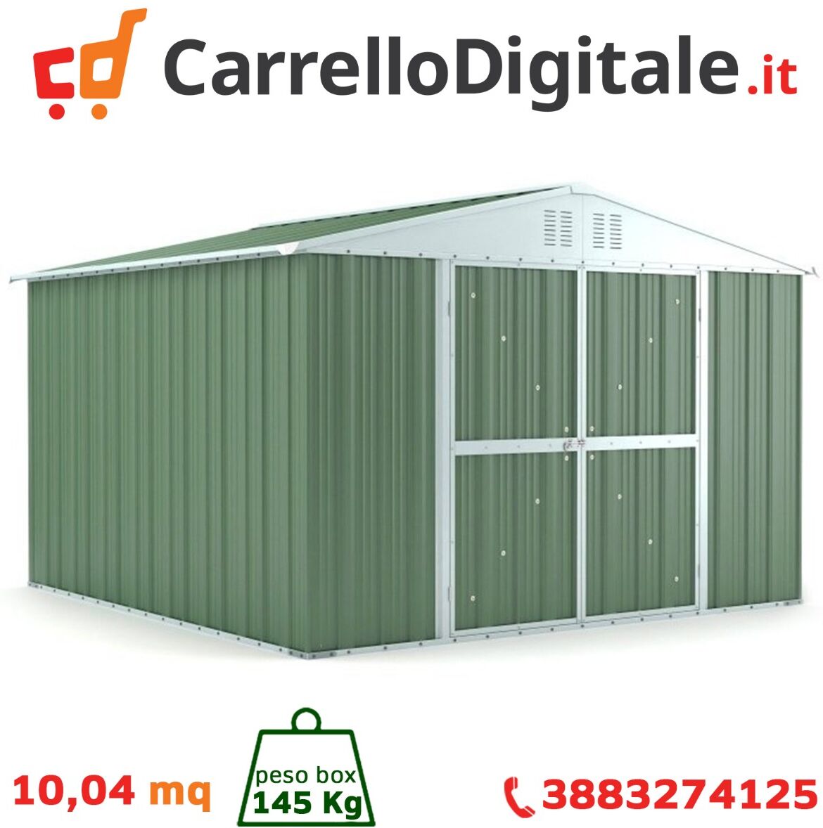 Box in Acciaio Zincato Casetta da Giardino in Lamiera 3.27 x 3.07 m x h2.15 m - 145 KG – 10,04 metri quadri - VERDE