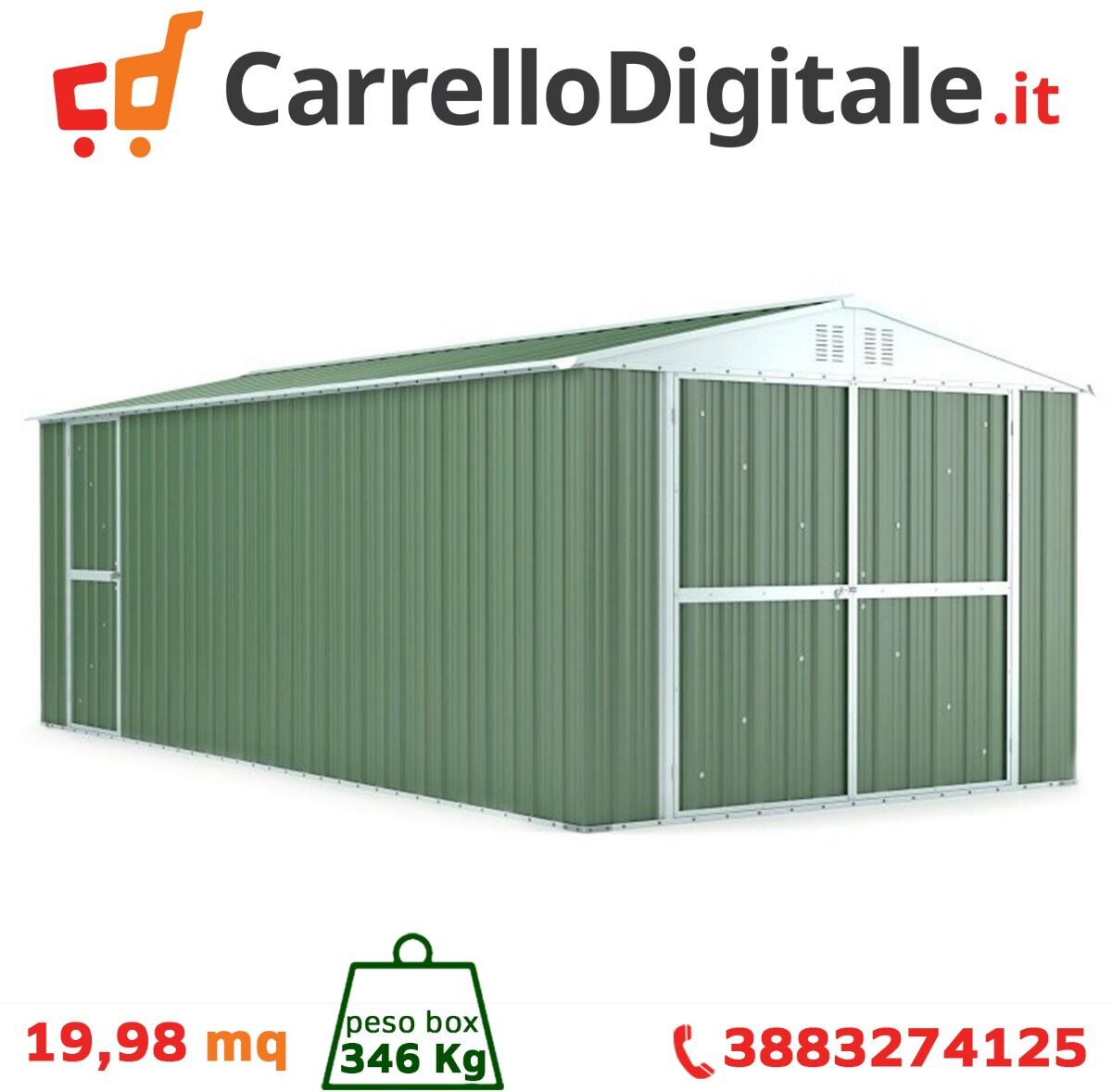 Box in Acciaio Zincato Casetta da Giardino in Lamiera Box Auto 3.27 x 6.11 m x h2.35 m - 346 KG – 19,98 metri quadri - VERDE