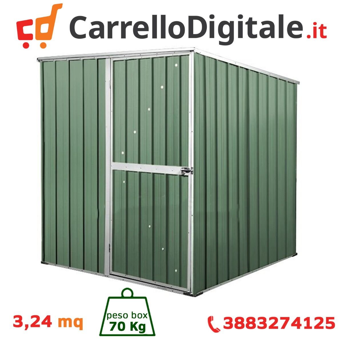 Box in Acciaio Zincato Casetta da Giardino in Lamiera 1.75 x 1.85 m x h1.92 m - 70 KG - 3,24 metri quadri - VERDE