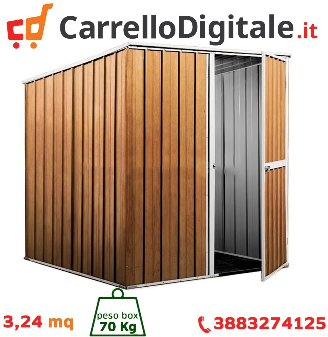 Box in Acciaio Zincato Casetta da Giardino in Lamiera 1.75 x 1.85 m x h1.92 m - 70 KG - 3,24 metri quadri - LEGNO