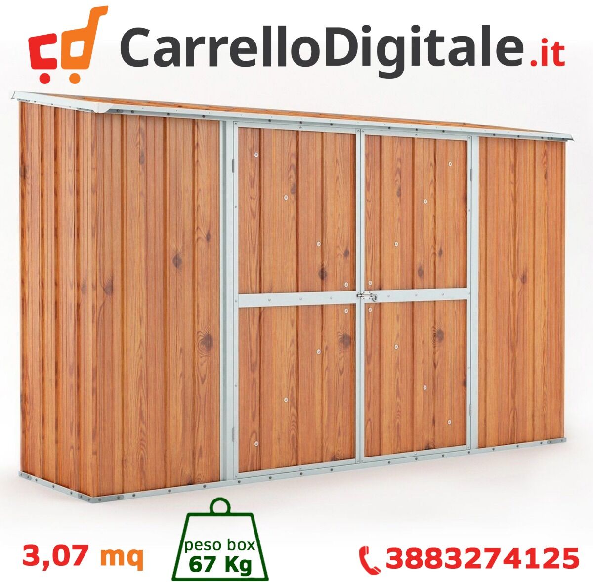 Box in Acciaio Zincato Casetta da Giardino in Lamiera 3.07 x 1.00 m x h1.92 m - 67 KG - 3.07 metri quadri - LEGNO