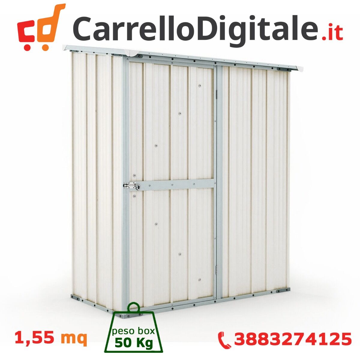 Box in Acciaio Zincato Casetta da Giardino in Lamiera 1.55 x 1.00 m x h1.92 m - 50 KG – 1,55 metri quadri – BIANCO
