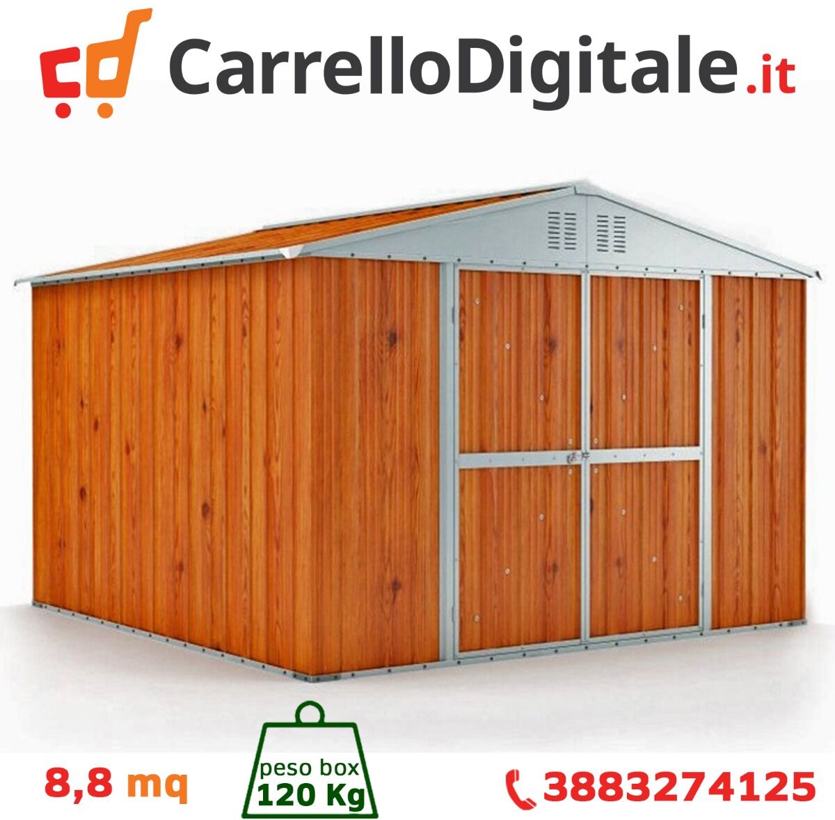 Box in Acciaio Zincato Casetta da Giardino in Lamiera 3.27 x 2.69 m x h2.15 m - 120 KG – 8.80 metri quadri - LEGNO