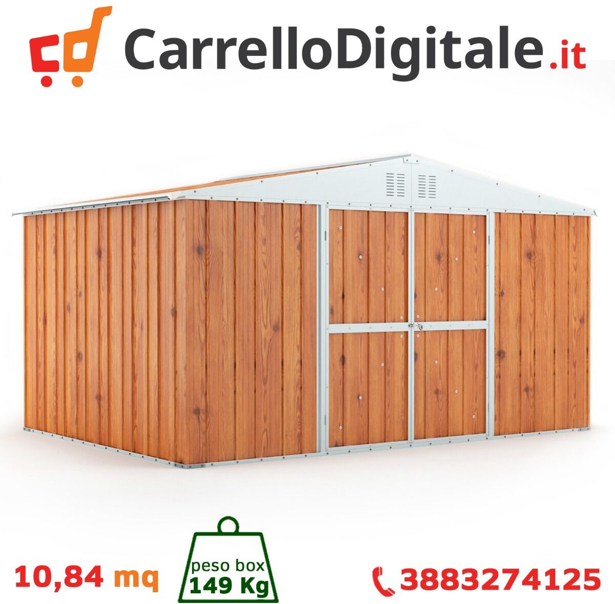 Box in Acciaio Zincato Casetta da Giardino in Lamiera 4.03 x 2.69 m x h2.15 m - 149 KG – 10.84 metri quadri - LEGNO