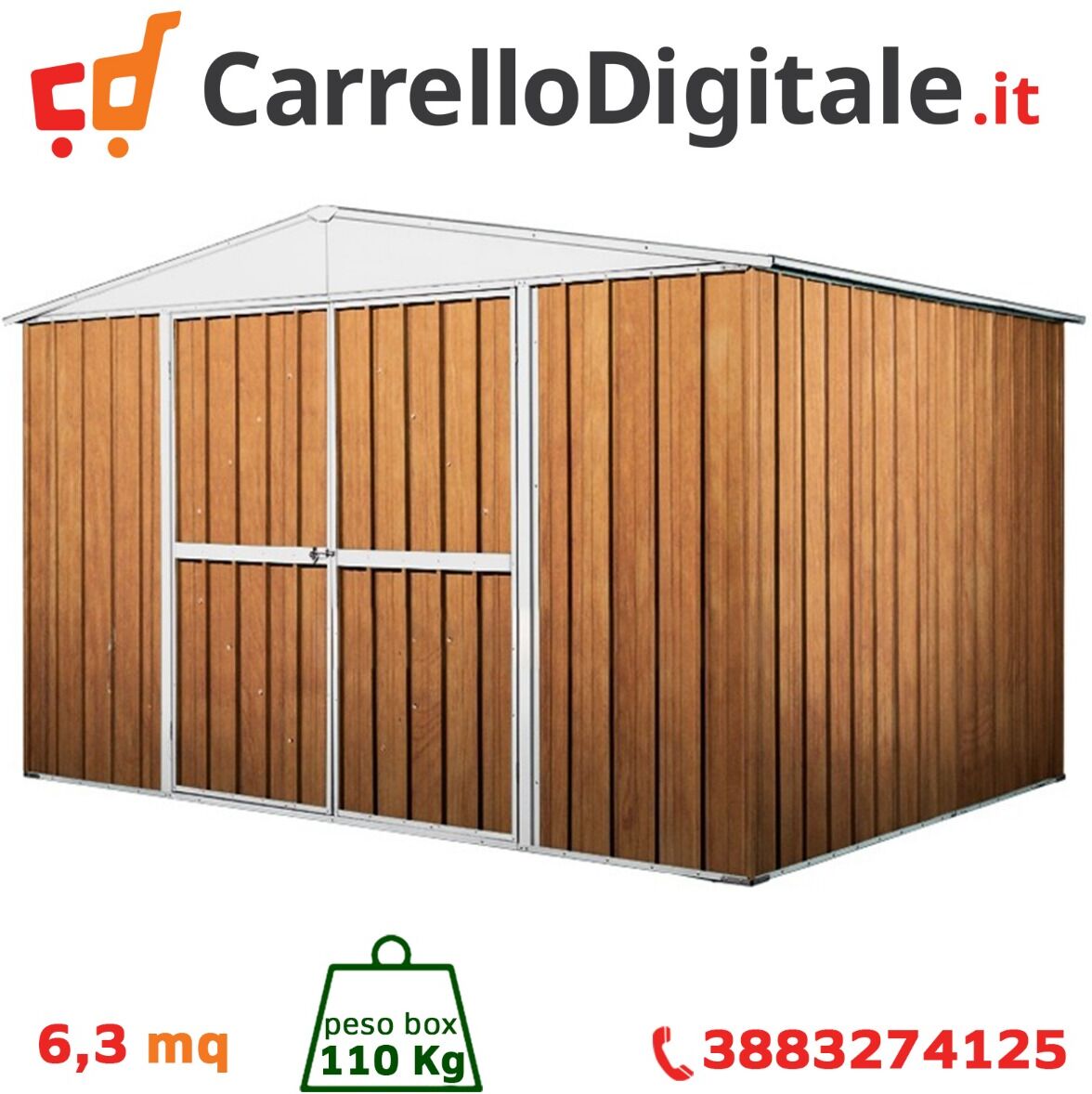 Box in Acciaio Zincato Casetta da Giardino in Lamiera 3.60 x 1.75 m x h2.12 m - 110 KG – 6.30 metri quadri - LEGNO