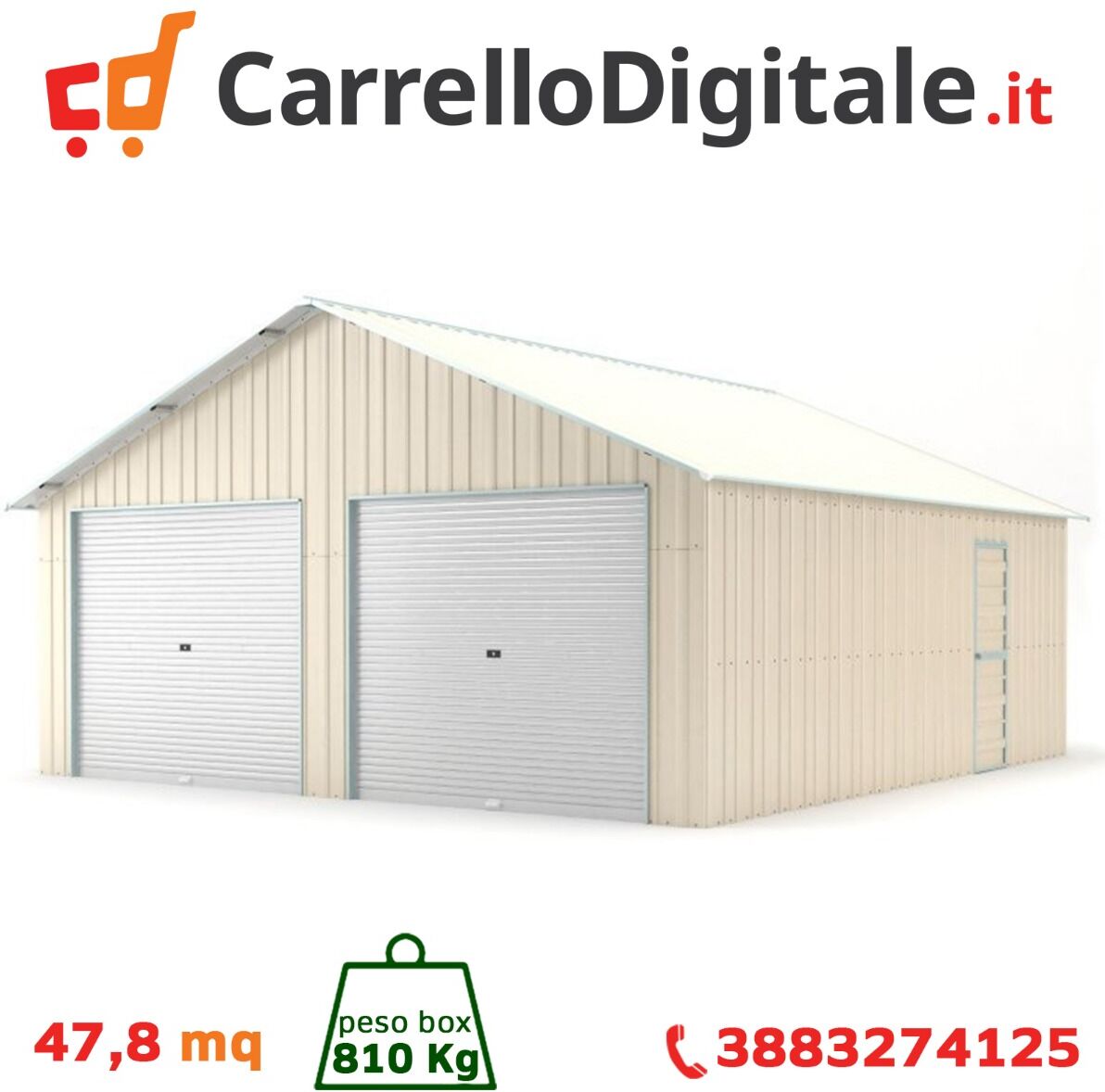 Box in Acciaio Zincato Casetta da Giardino in Lamiera Box Auto 6.64 x 7.21 m x h3.72 m - 810 KG – 48 metri quadri - BEIGE