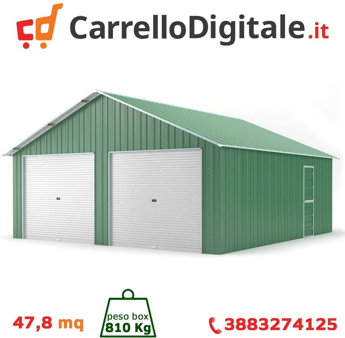 Box in Acciaio Zincato Casetta da Giardino in Lamiera Box Auto 6.64 x 7.21 m x h3.72 m - 810 KG – 48 metri quadri - VERDE