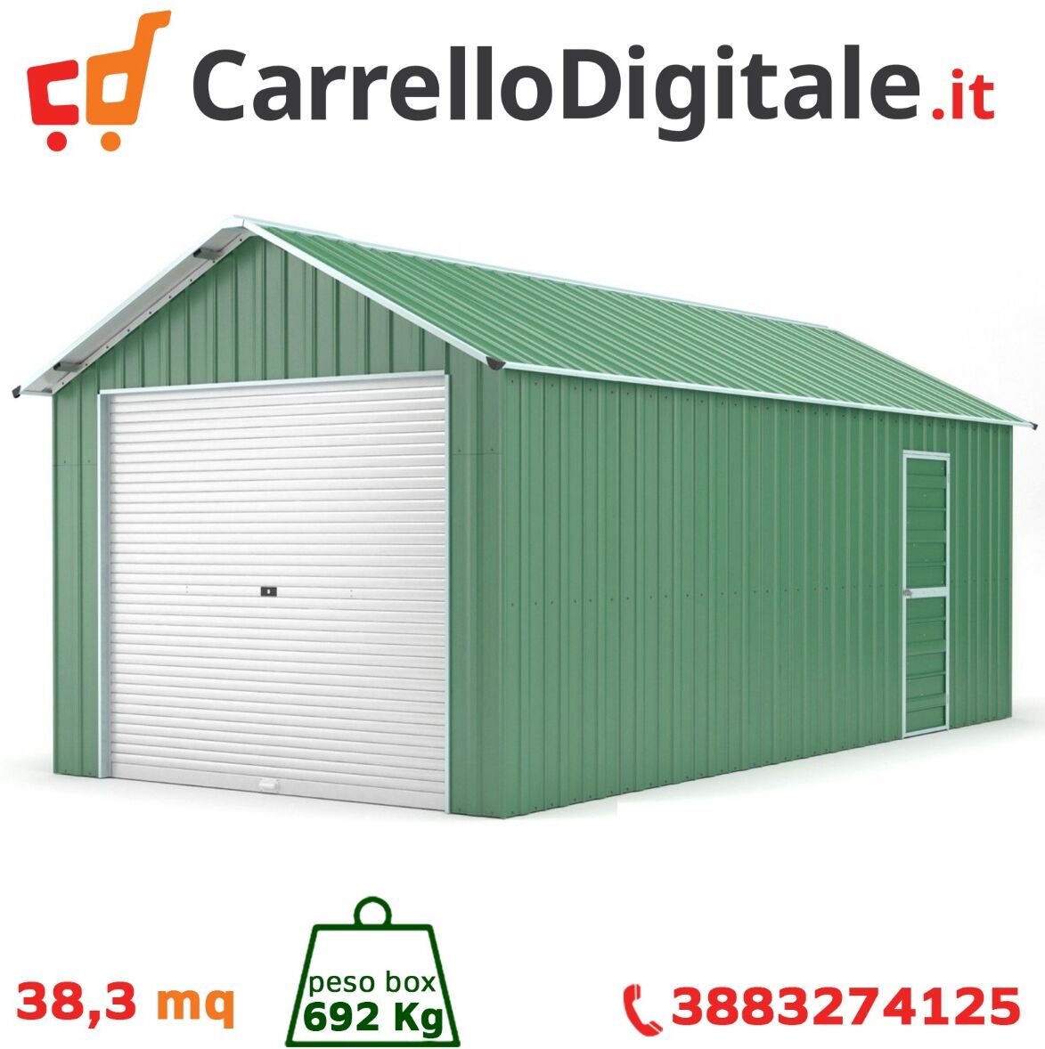 Box in Acciaio Zincato Casetta da Giardino in Lamiera Box Auto 4.38 x 8.76 m x h 3.31 m - 692 KG – 38.37 metri quadri - VERDE