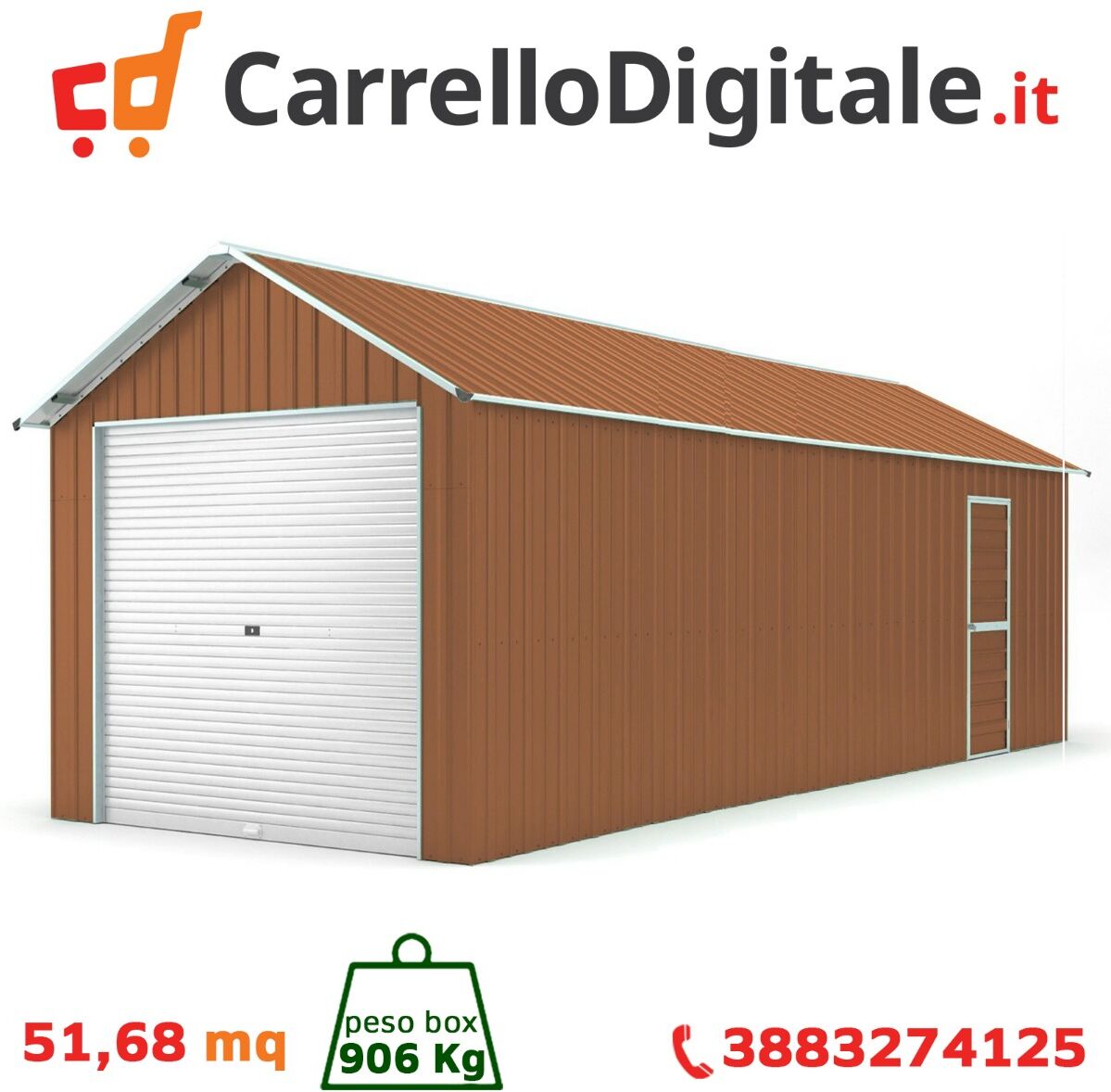 Box in Acciaio Zincato Casetta da Giardino in Lamiera Box Auto 4.38 x 11.80 m x h 3.31 m - 906 KG – 51.68 metri quadri - LEGNO