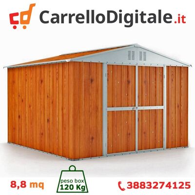 NOTEK Box in Acciaio Zincato Casetta da Giardino in Lamiera 3.27 x 2.69 m x h2.15 m - 120 KG – 8.80 metri quadri - LEGNO NOTEK Box in Acciaio Zincato Casetta da Giardino in Lamiera 3.27 x 2.69 m x h2.15 m - 120 KG – 8.80 metri quadri - LEGNO