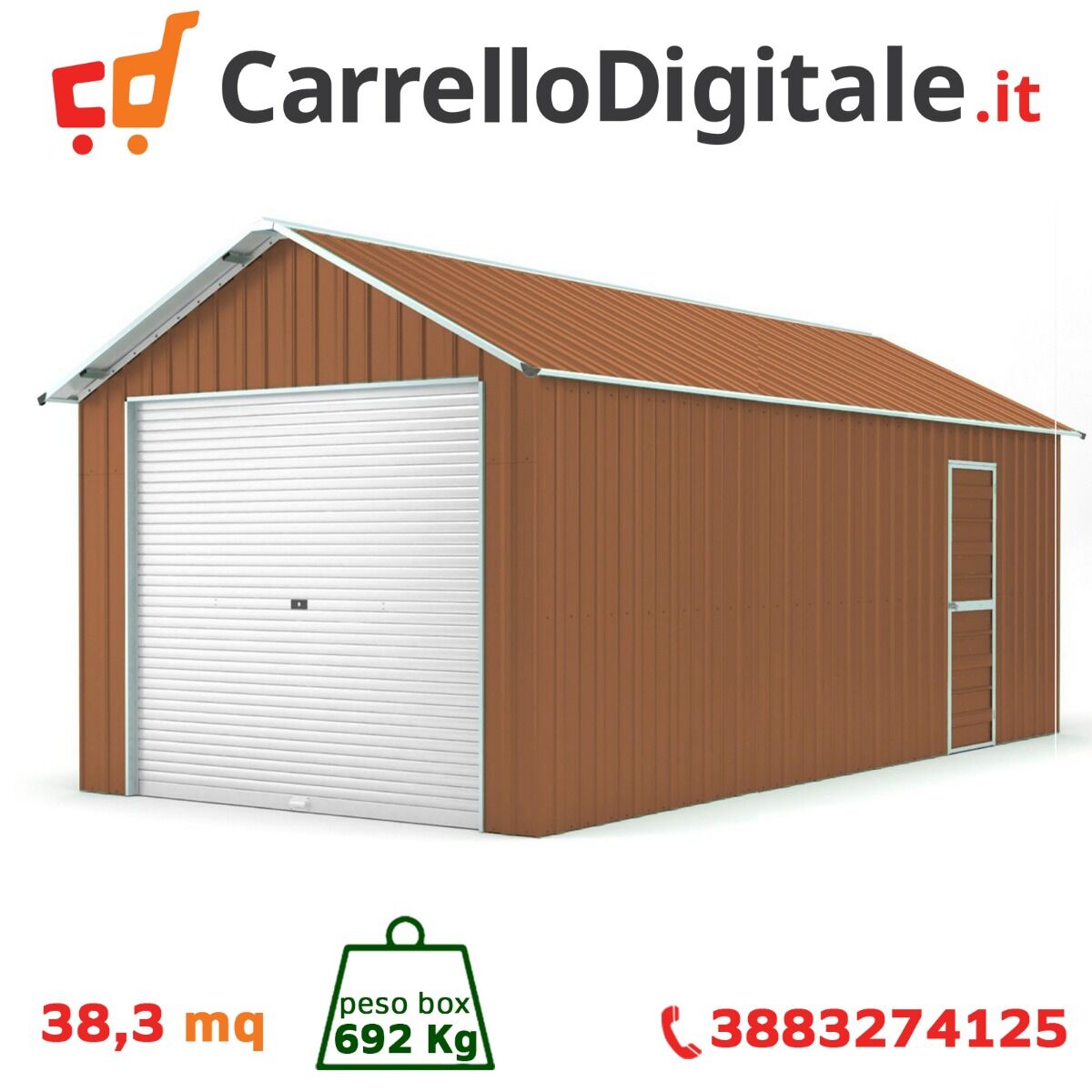 Box in Acciaio Zincato Casetta da Giardino in Lamiera Box Auto 4.38 x 8.76 m x h 3.31 m - 692 KG – 38.37 metri quadri - LEGNO