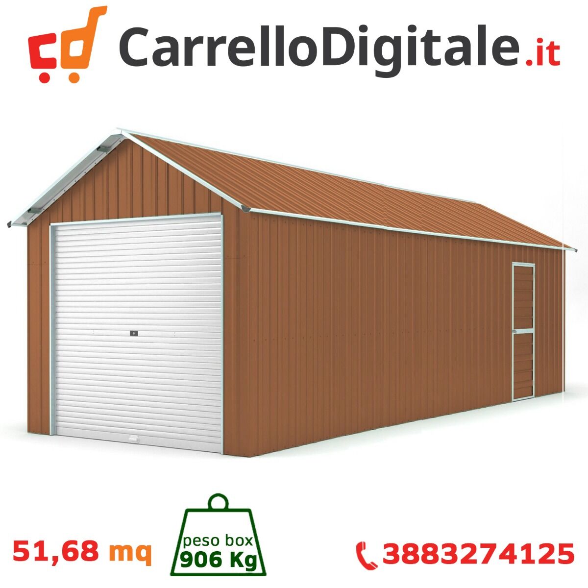 Box in Acciaio Zincato Casetta da Giardino in Lamiera Box Auto 4.38 x 11.80 m x h 3.31 m - 906 KG – 51.68 metri quadri - LEGNO