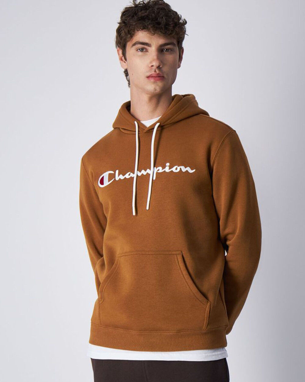 Champion Felpa Cappuccio Hoodie UOMO Pullover Logo Marrone Cotone Felpato