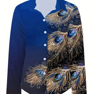 temu Peacock Feather Print Shirt, Long Sleeve Button Up Casual Top For Fall & Spring, Women's Clothing