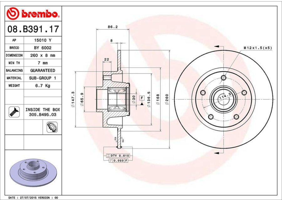 1 disco freno con cuscinetto brembo 08.b391.17