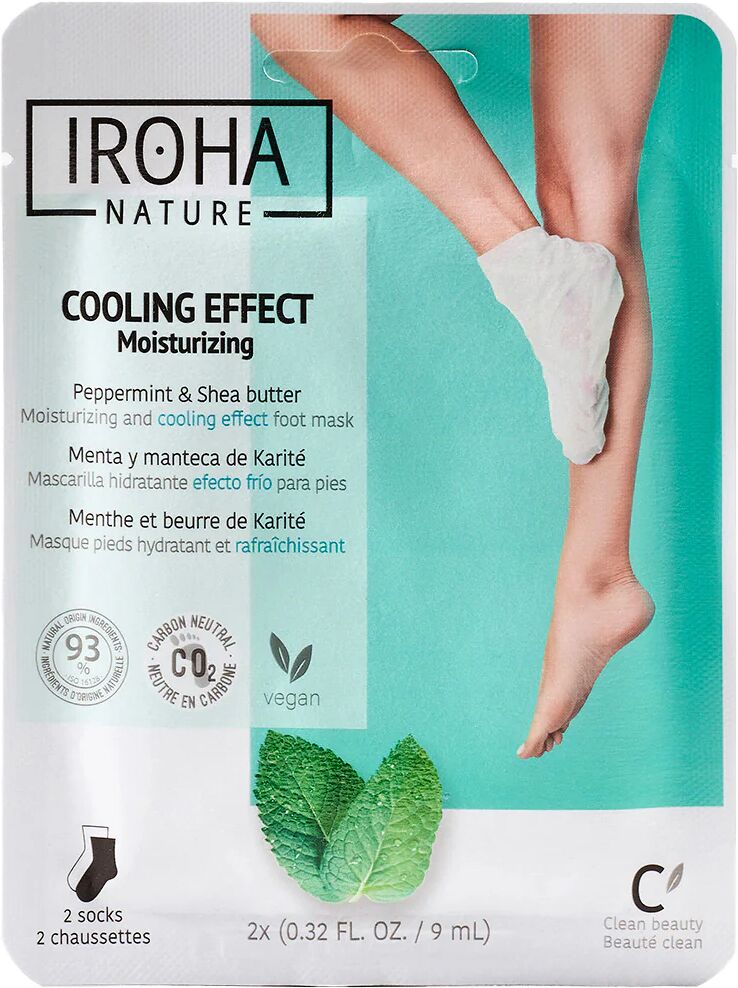 iroha nature calzini maschera idratanti con effetto freddo per piedi stanchi alla menta e burro di karitè 2 pz x 9 ml