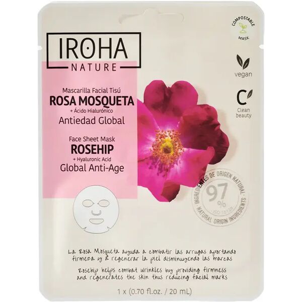 iroha nature maschera viso monouso in tessuto anti-età globale con rosa mosqueta e acido ialuronico 1 pz x 20 ml