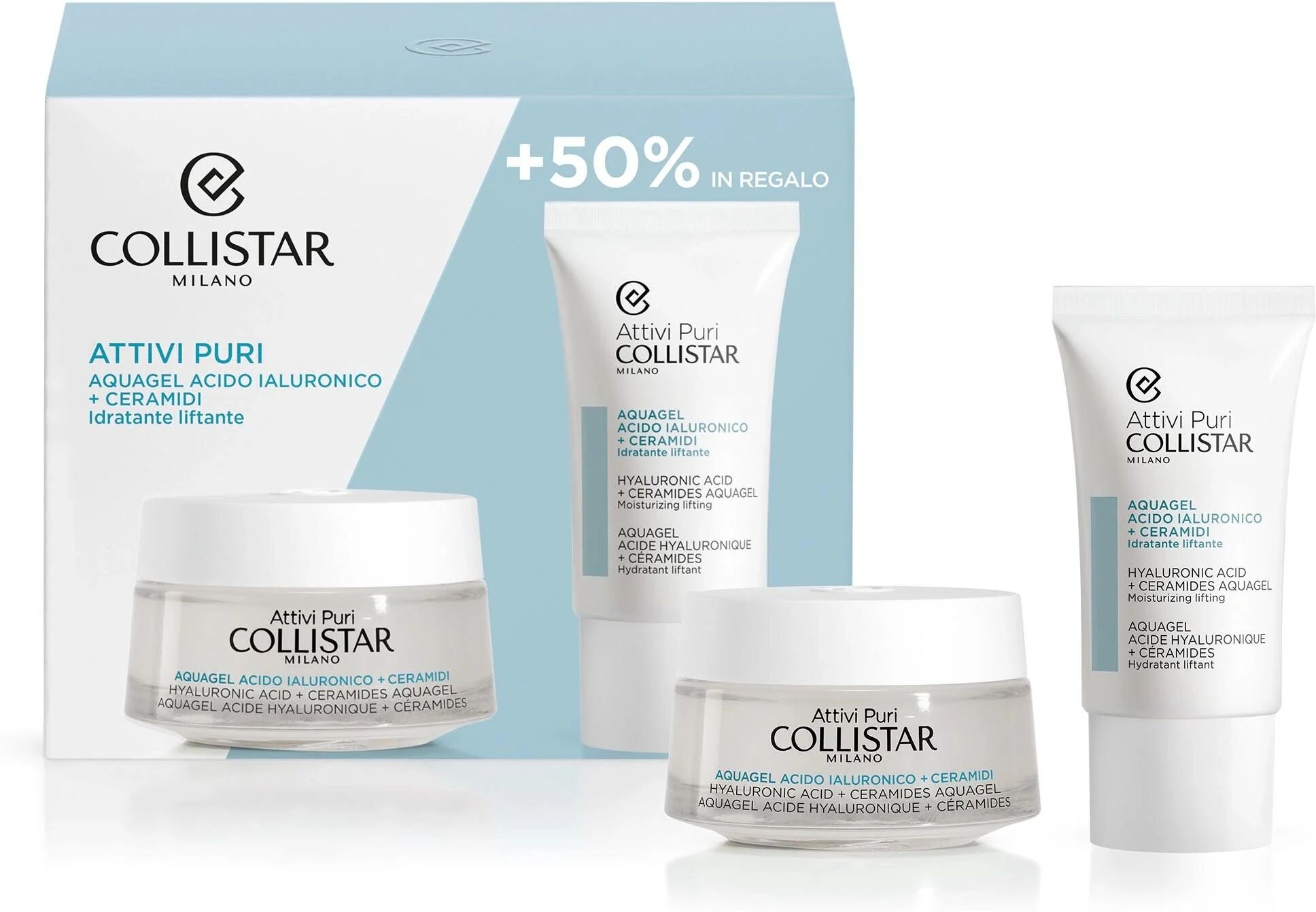 collistar cofanetto attivi puri aquagel acido ialuronico + ceramidi 50 ml + regalo tubo crema da 25 ml