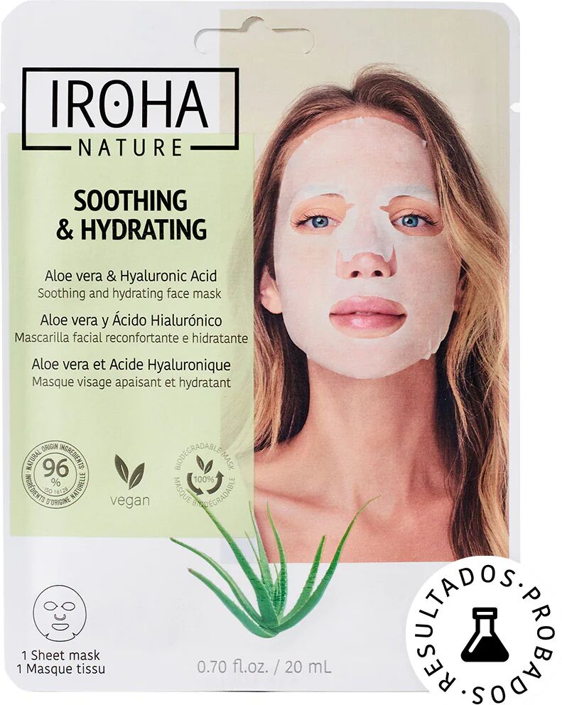 iroha nature maschera viso monouso in tessuto intensiva lenitiva e idratante con aloe vera acido ialuronico e probiotici 1 pz x 20 ml