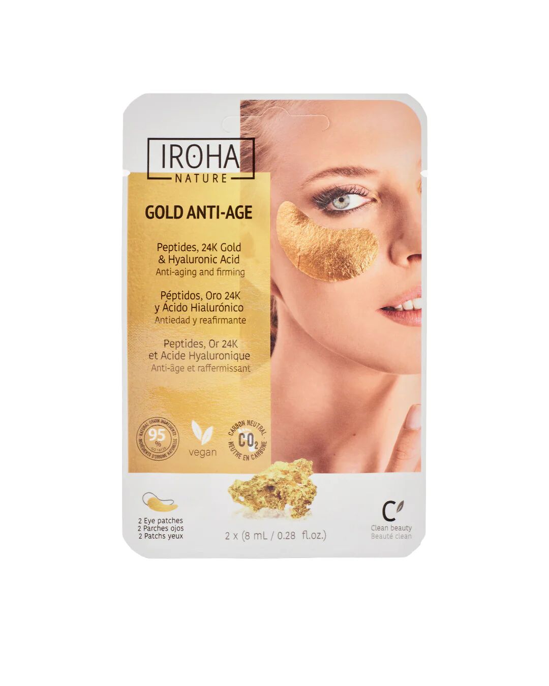 iroha nature patch anti-età per il contorno occhi in tecnologia foil con peptidi, oro 24k e acido ialuronico 2 pz x 8 ml