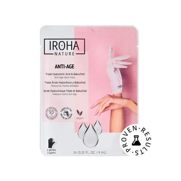 iroha nature guanti maschera monouso anti-età per mani al triplo acido ialuronico, bakuchiol e niacinamide 2 pz x 9 ml