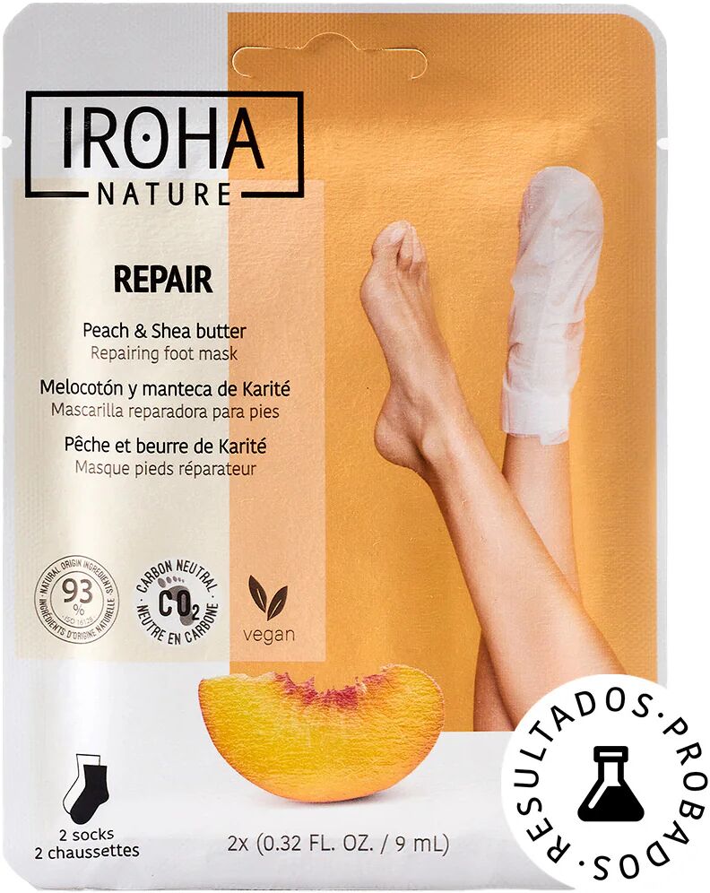 iroha nature calzini riparatori maschera per piedi alla pesca e burro di karitè 2 pz x 9 ml