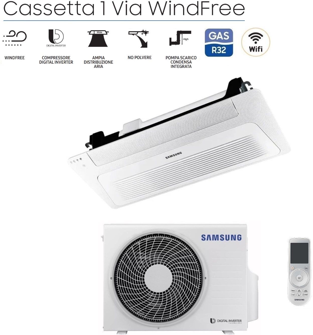 climatizzatore condizionatore samsung cassetta 1 via windfree slim 9000 btu ac026rn1dkg/eu r-32 wi-fi optional classe a++/a+ con pannello e telecomando incluso