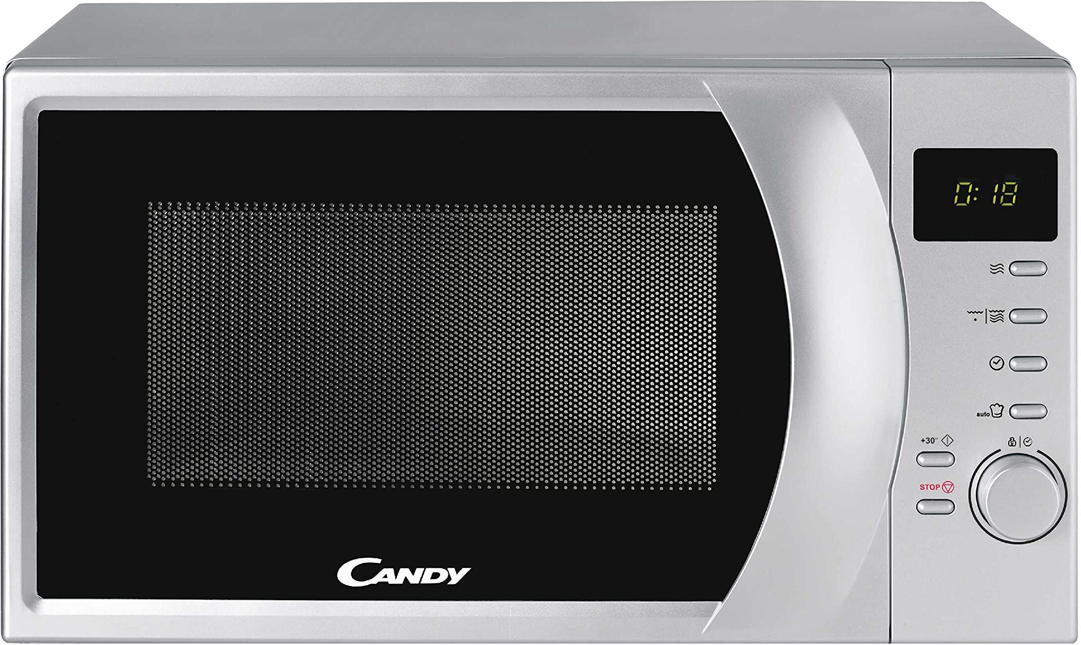 candy cmg2071ds forno a microonde con grill, 20 litri, 700 w, 6 livelli di potenza, funzione scongelamento, blocco bambini, 45,2x33,5x26,2 cm, argento