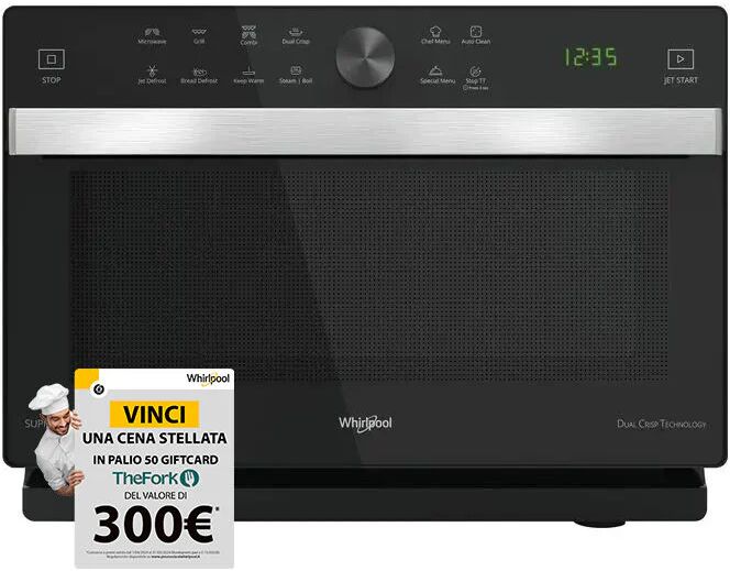 Whirlpool Mwp 337 Sb Forno A Microonde Con Grill Capacita' 33 Litri Potenza 1000 W Funzione Dualcrisp Dualsteam Jet Start Chefmenu Display Led Nero