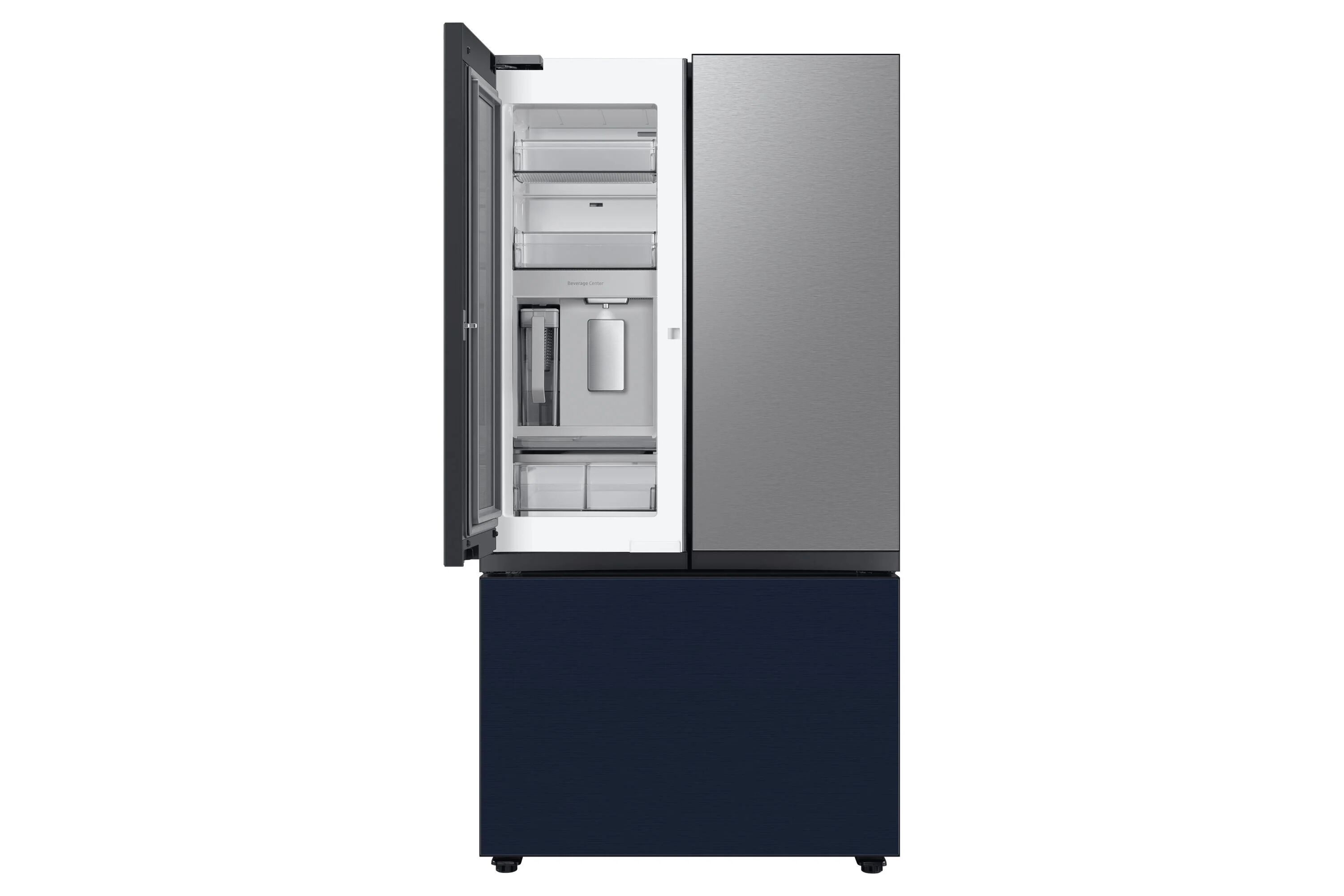 samsung rf24bb660e2mes frigorifero 3 porte bespoke con beverage center 674 litri classe e 91x178x73 cm acciaio inossidabile e blu metallo