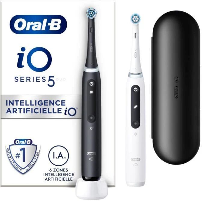 oral-b io 5 confezione da 2, spazzolini elettrici bianchi e neri, 2 testine