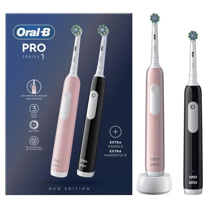 oral-b pro series 1 confezione da due spazzolini elettrici rosa e neri, 2 testine, progettati da braun
