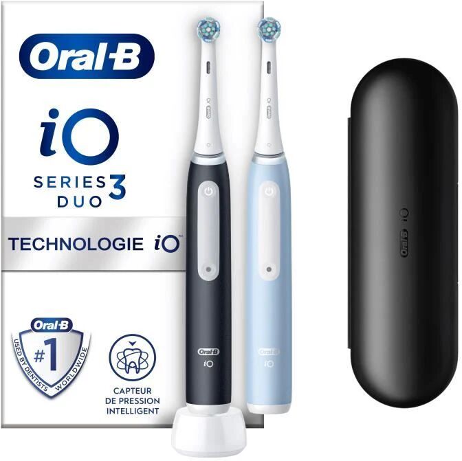 oral-b io 3 confezione da 2, spazzolini elettrici neri e blu, 2 testine, 1 custodia da viaggio