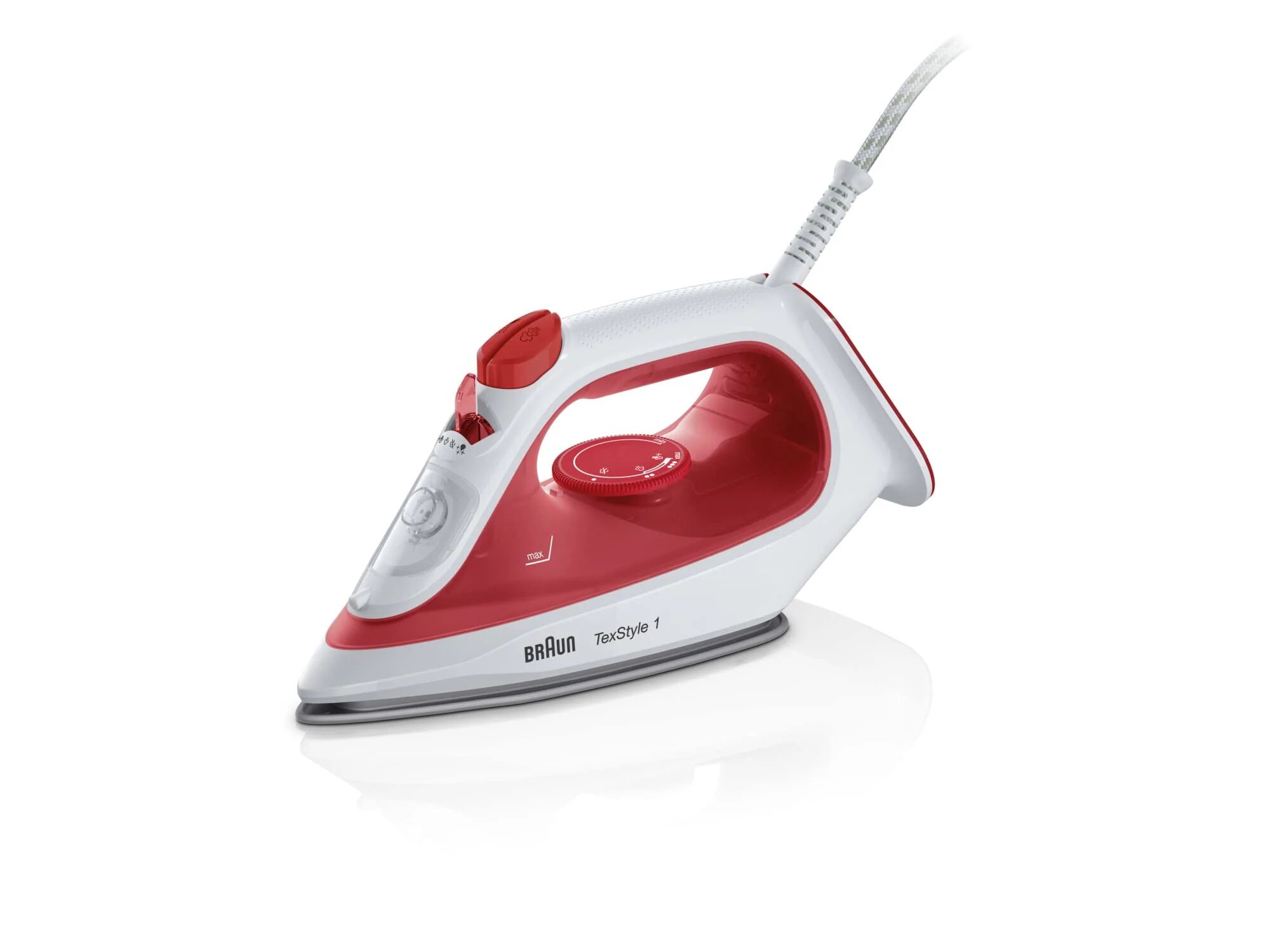 Braun TexStyle 1 SI 1019, Ferro da stiro a Vapore, Rivestimento Antiaderente, Termostato, 25g/min in modalità Turbo, Capacità Serbatoio Acqua 220ml, 1900W, Rosso/bianco