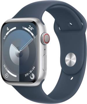 apple watch serie 9 cell 45mm aluminium silver sport band storm blu...