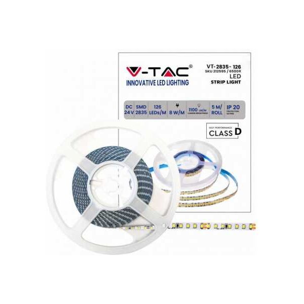 v-tac striscia led vt-2835 137lm/m 24v strip 5mt 8w/mt bianco freddo 6500...