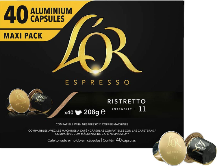 L'or Caffè Miscela RISTRETTO Capsule in Alluminio Compatibili Nespresso : Capsule 400 Capsule + Portacapsule OMAGGIO