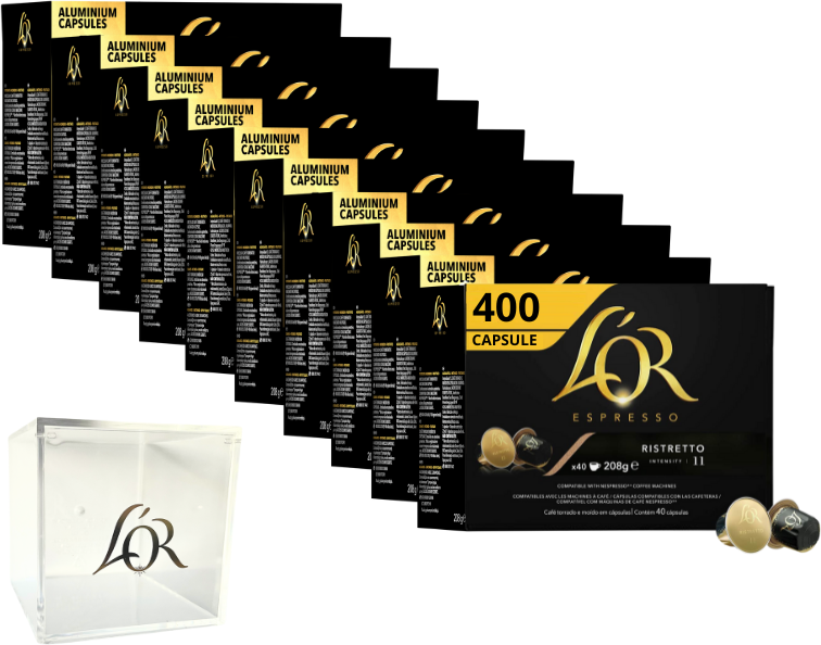 L'or Caffè Miscela RISTRETTO Capsule in Alluminio Compatibili Nespresso : Capsule 400 Capsule + Portacapsule OMAGGIO