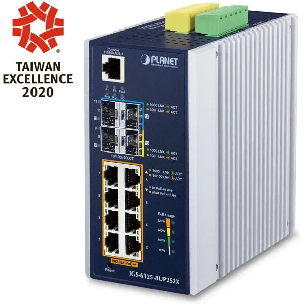 planet switch di rete  ip30 din-rail industrial l3 8p gestito gigabit ethernet (10/100/1000) alluminio, blu [igs-6325-8up2s2x]