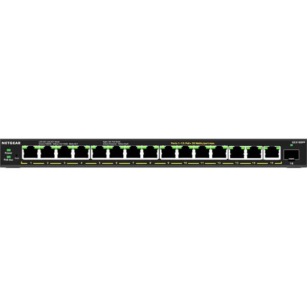 netgear switch di rete  16-port high-power poe+ gigabit ethernet plus (231w) with 1 sfp port (gs316epp) gestito (10/100/1000) supporto power over (poe) nero [gs316epp-100pes]